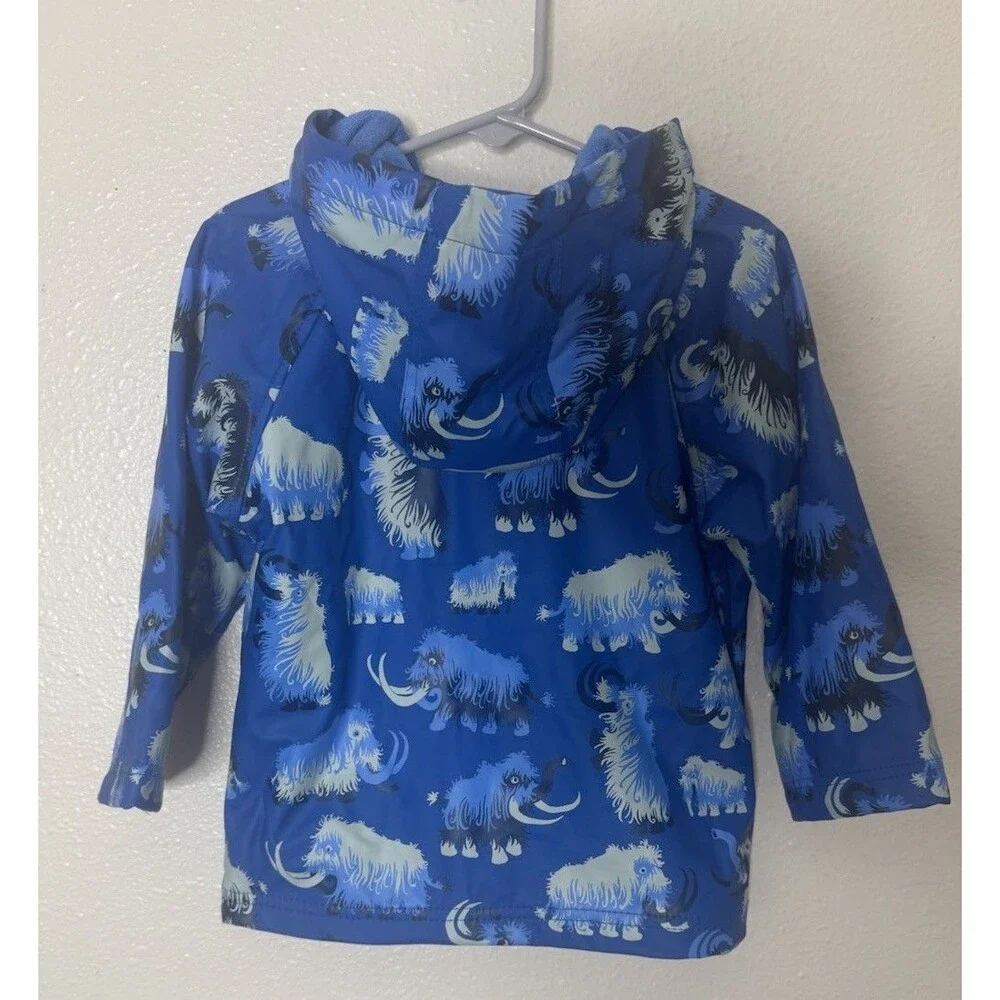 Hatley Raincoat Woolly MammothsBlue Hooded Fleece Lining Full Zip Pockets Size 2